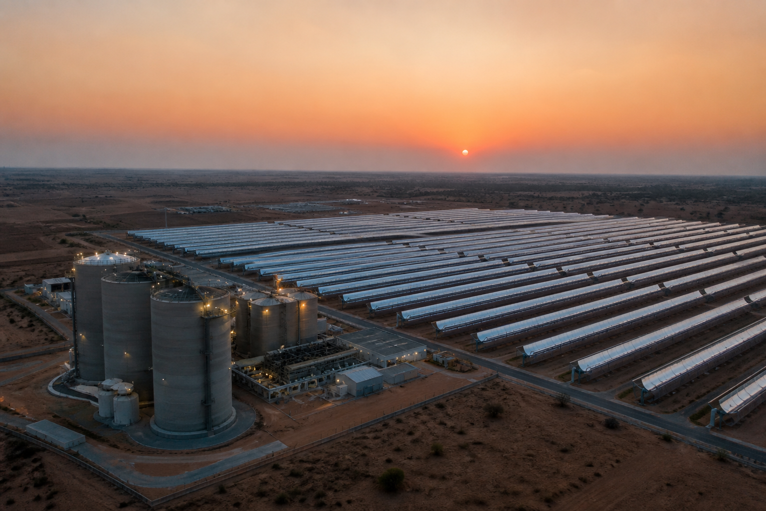Parabolic troughs and sand-battery silos at dusk near Jaisalmer.